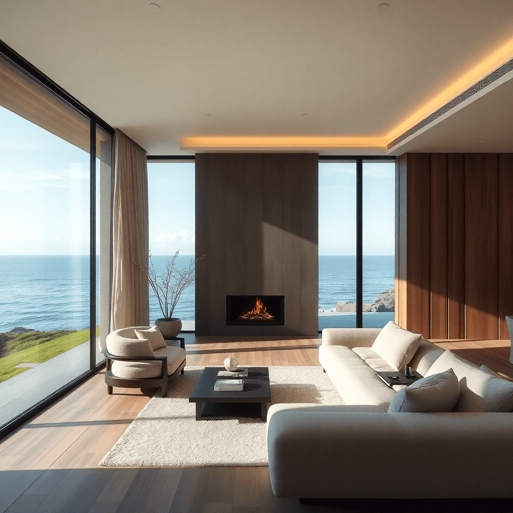 Minimalist luxury interior with ocean view